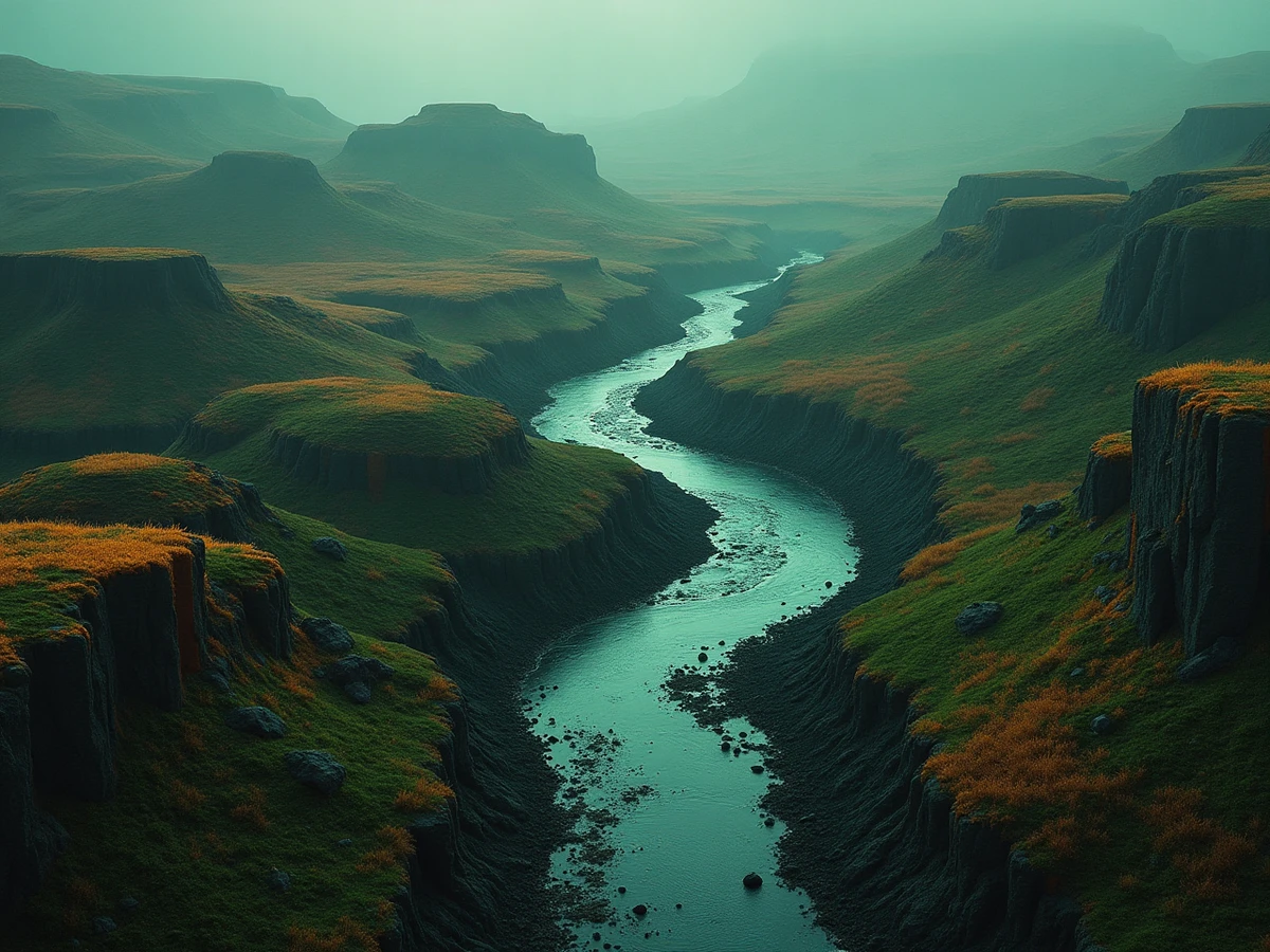 Landscape split between barren ground and a thriving transformed world